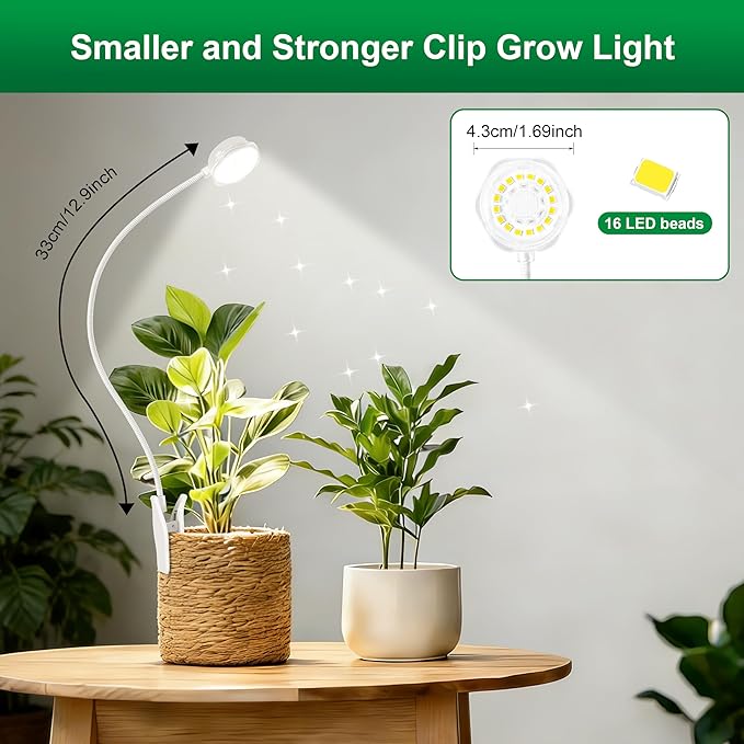 Indoor Small Plant Growth Lights, Pot Clip Grow Lights, LED Full Spectrum, Grow Lamps with 4 Brightness Levels, Auto Timer 6/12/ 16 Hrs for Succulents, White 2 Pack