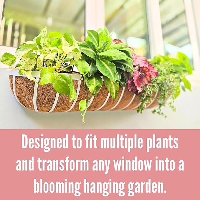 LaLaGreen Outdoor Planter Boxes (30 Inch, 2 Pack) White Metal Deck Railings Flower Box with Coco Liner, Rectangular Hanging Planters for Window Plant Horse Trough Fence Balcony Garden Herb Porch Patio