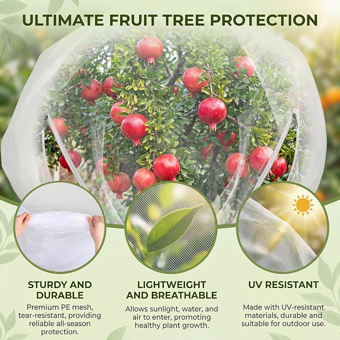 SATINIOR 2 Pcs 13x13ft Large Fruit Tree Netting with Double Zipper Drawstring Bird Netting Fruit Tree Covers Garden Plant for Squirrels Birds Deer Bugs Cherry Blueberry Peach Apple Trees