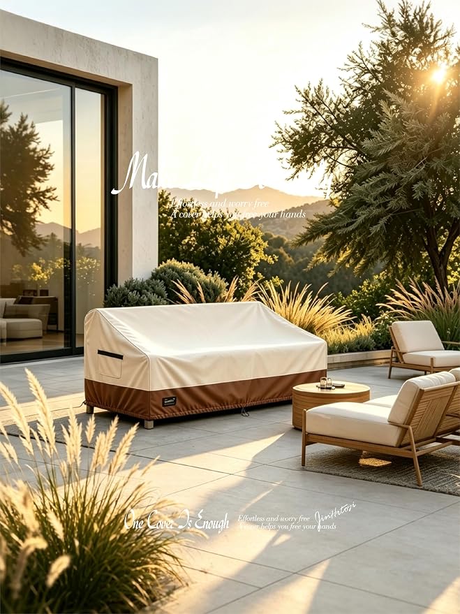 JinHrtoyi 2-Seater Patio Loveseat Cover, 60Wx38Dx35H inches Outdoor Furniture Covers Waterproof,100% Waterproof Heavy Duty Patio Furniture Covers,Beige&Brown Modern Style Outdoor Couch Cover