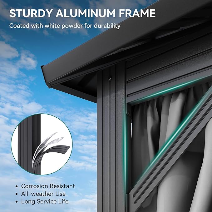 YITAHOME 12x18ft Hardtop Gazebo with Nettings and Curtains, Heavy Duty Double Roof Galvanized Steel Outdoor Combined of Vertical Stripes Roof for Patio, Backyard, Deck, Lawns, Gray