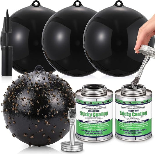 4 Pcs Large Fly Trap Balls Hanging Fruit Fly Traps Outdoor Adhesive Insect Balls with 2 Pcs Sticky Coating Glue Air Pump Insect Catch Sticky Bug for Farm Orchard Deerflies Mosquito (Black)