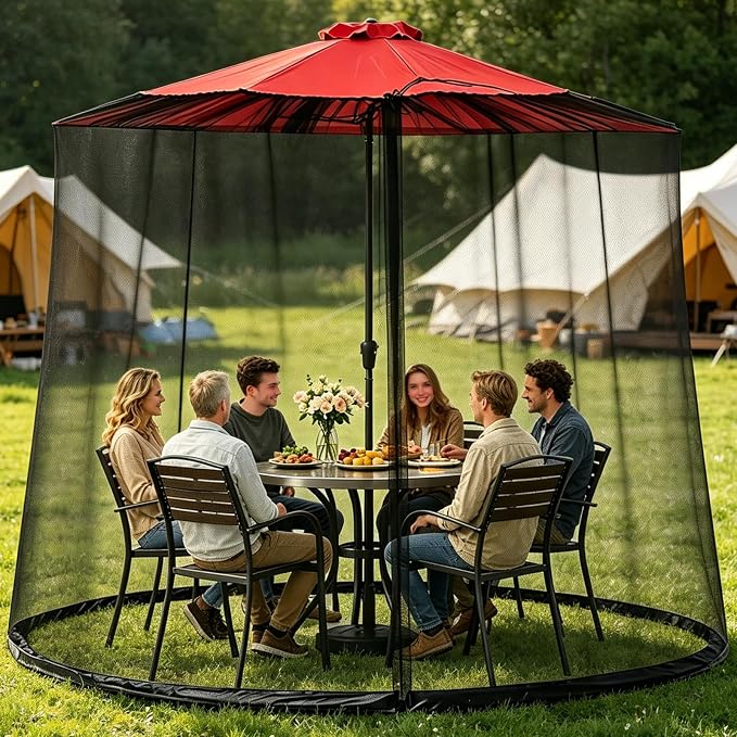 9-11 FT Outdoor Mosquito Netting for Patio, Windproof Universal Umbrella Mosquito Net for Patio Garden Backyards, Polyester Mesh Outdoor Umbrella Screen with Zipper (Black)