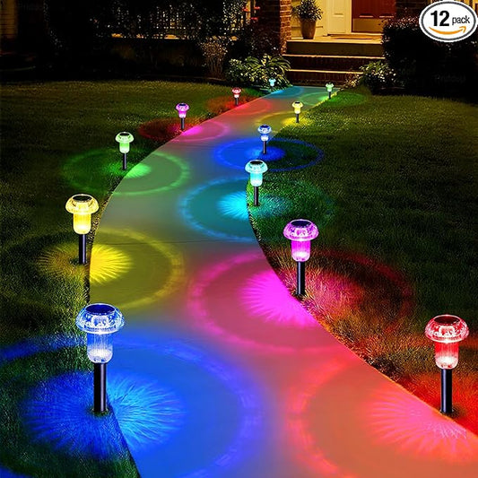 Priddop Solar Lights Outdoor Waterproof 12 Pack Color Changing LED Mushroom | Garden Pathway Yard Patio Walkway Landscape Path Lights, Acrylic ABS, Ground Patterns, Replaceable Battery, Christmas Decor