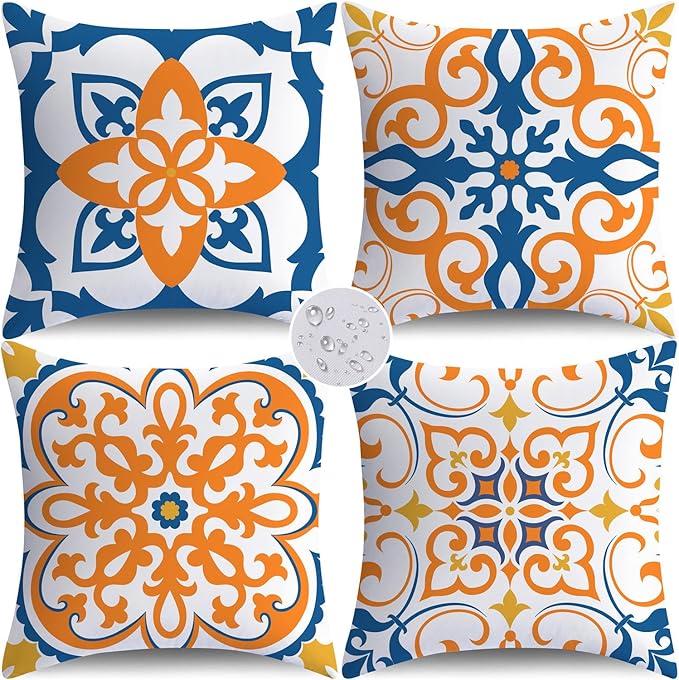 NIGHTWISH Outdoor Waterproof Pillow Covers 18x18 Set of 4 Yellow Boho Decorative Throw Pillows Floral Cushion Cases for Patio Furniture Bench Couch Sunbrella