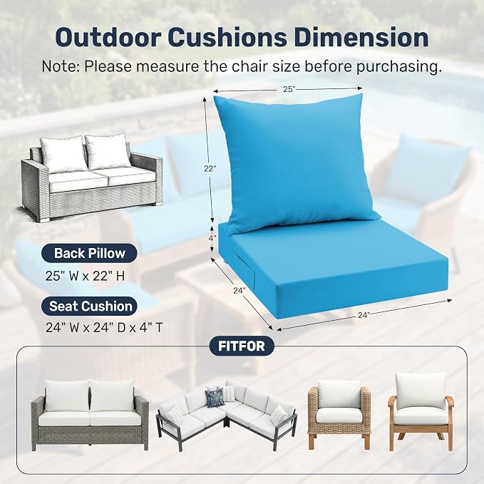 UNIKOME Outdoor Seat Cushions 24 X 24 Inch - Water-Resistant & Fade Resistant, Removable Cover Patio Furniture Cushions for Chair, Sofa, Couch, Wicker, Light Blue