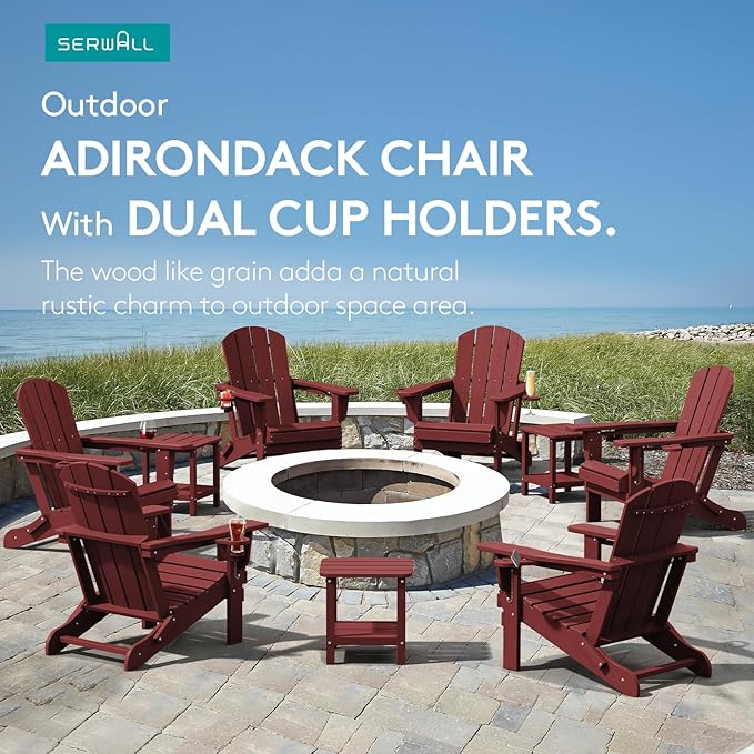 SERWALL Adirondack Chair with Cup Holders - Composite Adirondack Chairs Set of 6 HDPE Outdoor Chairs All Weather Use- Dark Red