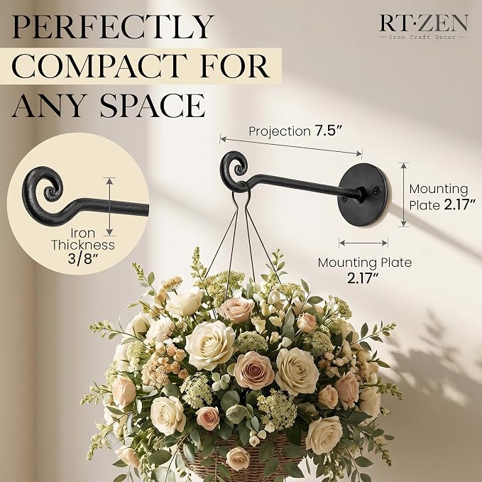 RTZEN Plant Hangers Outdoor or Indoor - Wrought Iron Metal Hanger Indoor Hook - Heavy Duty Wall Bracket Hooks for Hanging Plants Baskets Lanterns Bird Feeders - 2 Pack (Black Swirl Hooks 7.5")