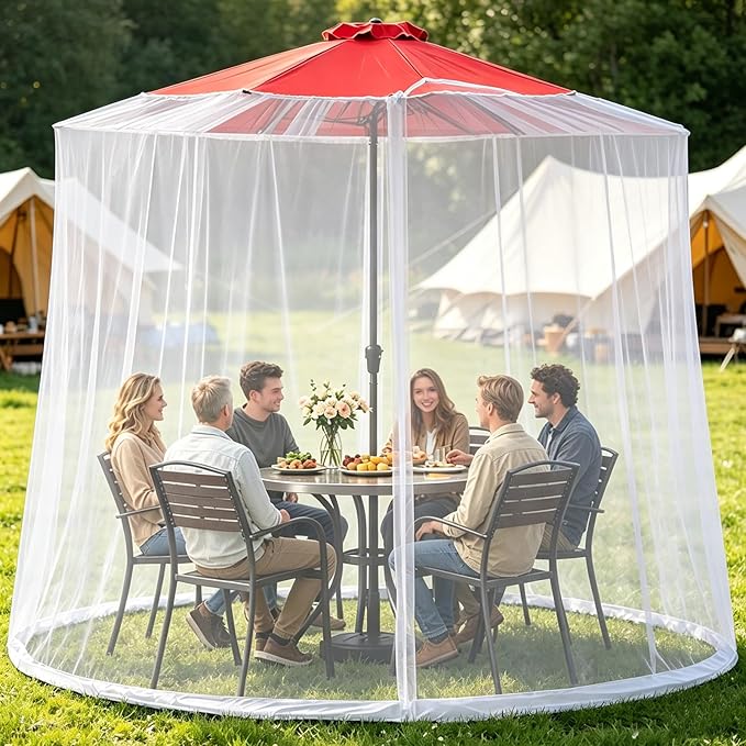 9-11 FT Outdoor Mosquito Netting for Patio, Windproof Universal Umbrella Mosquito Net for Patio Garden Backyards, Polyester Mesh Outdoor Umbrella Screen with Zipper (White)