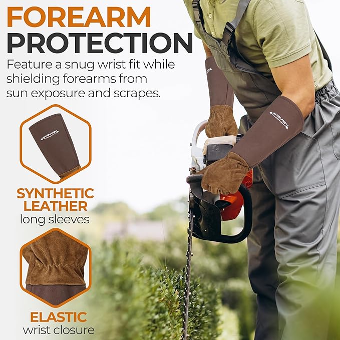 HANDLANDY Long Gardening Gloves for Men & Women, Cowhide Leather Rose Pruning Gloves- Breathable & Durable Gauntlet Glove (X-Large, Brown)