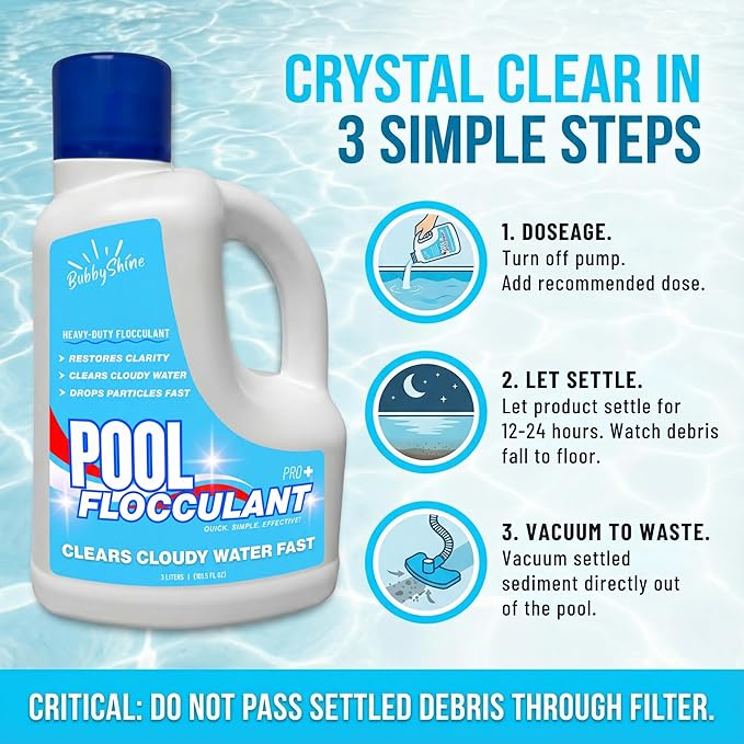 Pool Flocculant Clarifier – 3 L (101.5 fl oz) – Heavy-Duty Pool Clarifier, Drop & Vac Cloudy Water Treatment, Particle Settling Support, Inground & Above Ground Compatible – BubbyShine