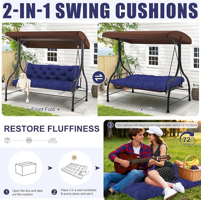 Porch Swing Cushions Outdoor 48 inch x 40 Waterproof Swing Cushions 3 Seater Replacement with Backrest & 8 Ties 5" Thick Bench Swing Cushions for Outdoor Furniture Patio(Navy Blue)
