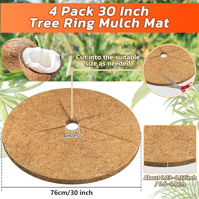 Legigo 4pcs Coconut Fiber Mulch Ring Tree Plant Protector Mat, 30 Inch Natural Coco Coir Tree Mulch Ring Plant Pot Soil Cover, Tree Rings Disc Plant Cover for Indoor Outdoor Plants, Landscaping