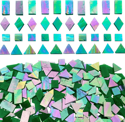 Iridescent Green Mosaic Tiles for Crafts, 280 Pieces Mixed 4 Shapes Stained Glass Sheets, Stained Glass Supplies for Mosaic Projects