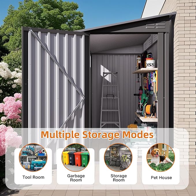 YOPTO 4x9 FT Outdoor Storage Shed,Lean to Metal Shed W/Window,All Weather Waterproof Garden Storage Shed W/ 6 Air Vents & 1 Lockable Door,Weatherproof Tool House W/Sloped Roof,for Lawn,Gray