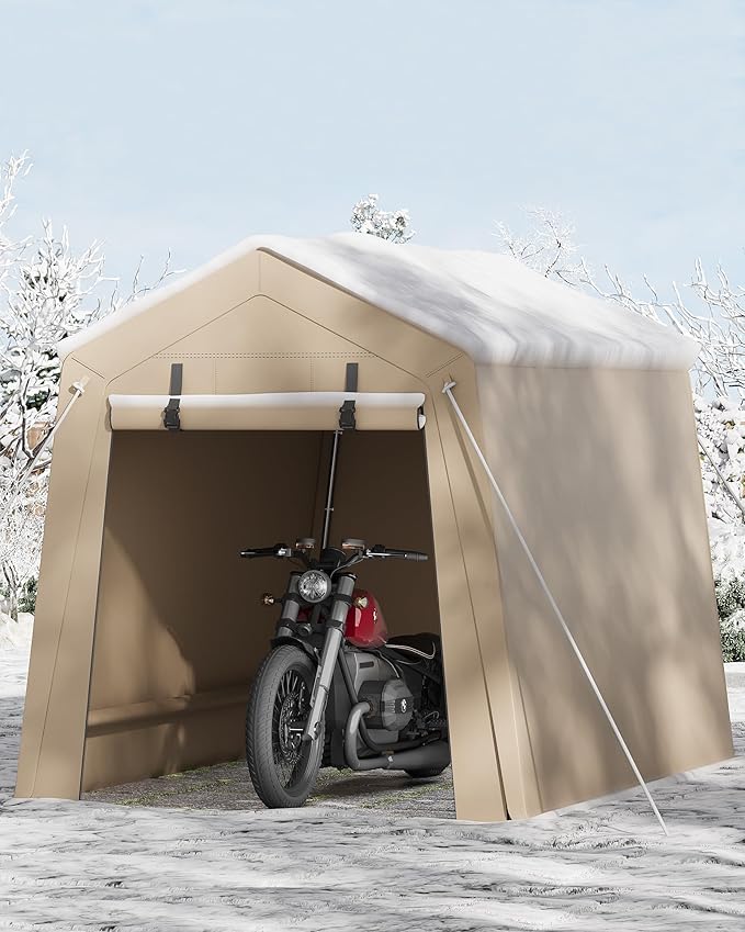 6x8 FT Portable Outdoor Storage Shed with Roll-Up Zipper Door & Vent, 240G Heavy-Duty Shelter Waterproof PE Tarp, UV-Resistant Carport for Motorcycle, Firewood, Tools -Khaki