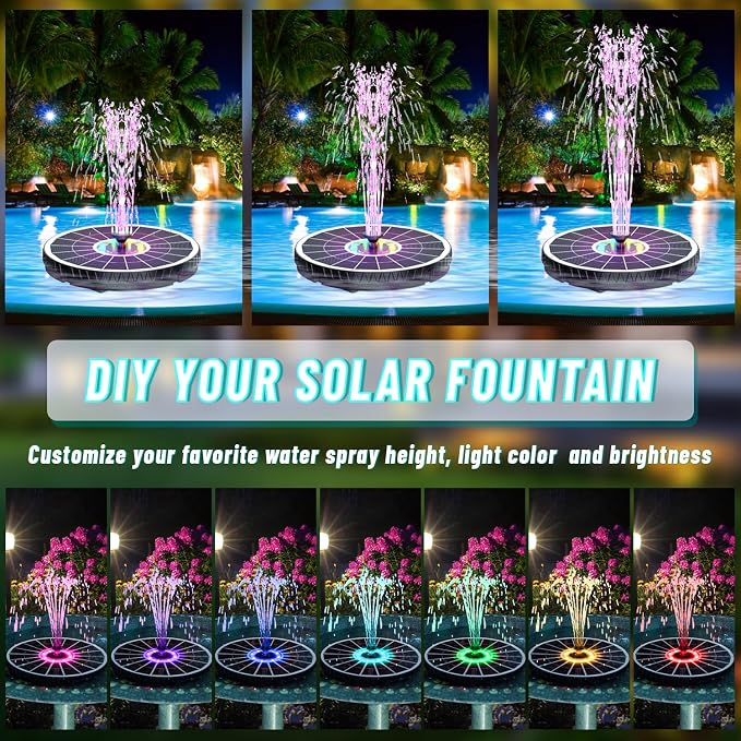 Remote Control Solar Water Fountain, 2026 Upgrade 6W Solar Bird Bath Fountain Pump with 3 Spray Heights, 3 Brightness,4000mAh Battery, LED Lights, for Hummingbird,Garden, Pond, Pool, and Patio