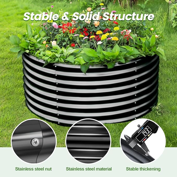 Land Guard 4×4×2ft Galvanized Raised Garden Bed Kit, Round Galvanized Planter Raised Garden Boxes Outdoor, Large Metal Raised Garden Beds for Vegetables, Grey