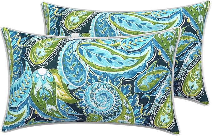 LVTXIII 2 Pack Outdoor Lumbar Pillow Covers 12x20 Inch with Piping, Water-Repellent Back Cushion Covers ONLY for Patio Furniture, Sofa, Garden Bench, Paisley Lapis Green