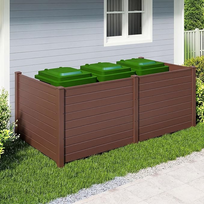 HAPPYGRILL Air Conditioner Fence, 4 Panels Outdoor Privacy Screen with Metal Stakes, No Dig Pool Equipment Enclosure, 48" x 38" Trash Can Screen Fence Kit for Outside Backyard, Brown