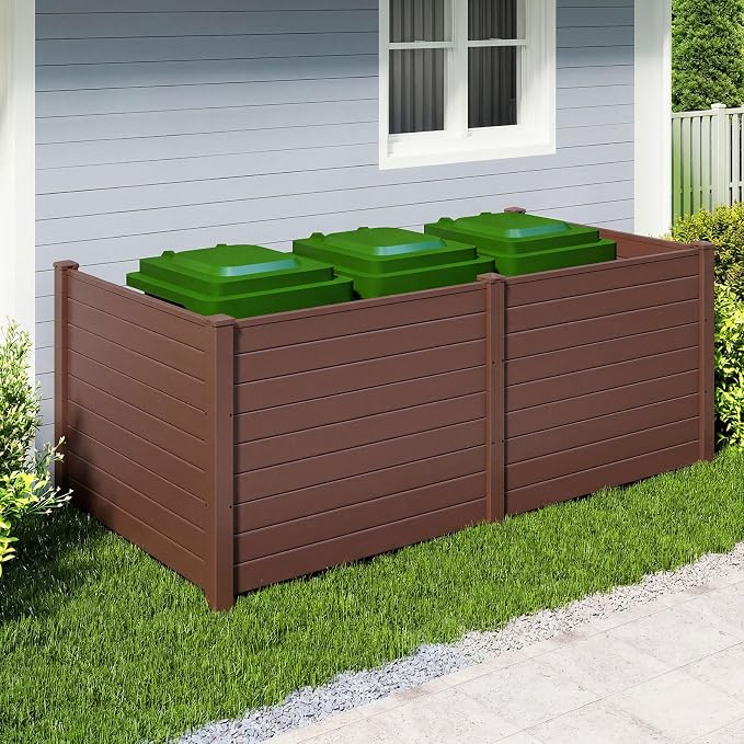 Happygrill Air Conditioner Fence 2 Panels, Trash Can Screen w/Stakes, 48”L x 38”H Pool Equipment Enclosure, Freestanding Outdoor Privacy Fence Screen for Lawn Garden AC Unit Pool Pump, Brown