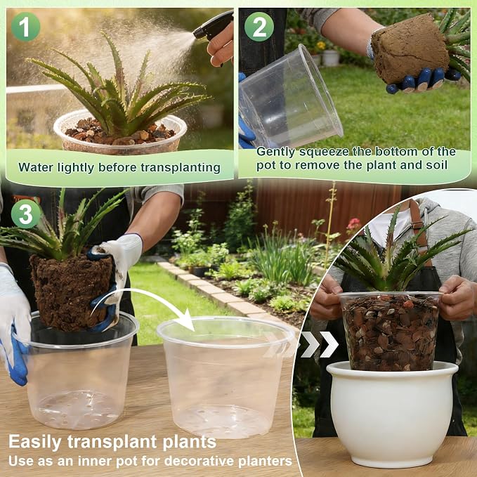 12/10/8 Inch Clear Nursery Pots with Drainage Holes, 12 Pack Flexible Large Plant Pots for Plants, Plastic Clear Pots for Seedling, Shrubs, Herbs, Flowers, Vegetables