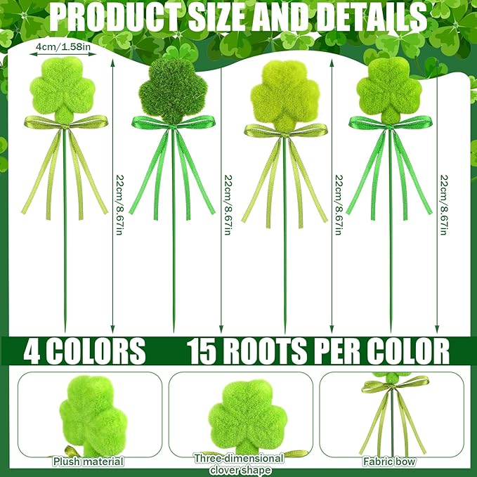 60 Pcs St. Patrick's Day Shamrock Picks Irish Shamrock Foam Picks St. Patrick's Day Clover Puffy Sticks for Irish Tree Green Floral Arrangement Bouquet Wedding Table Centerpiece Vase Filler Home Decor