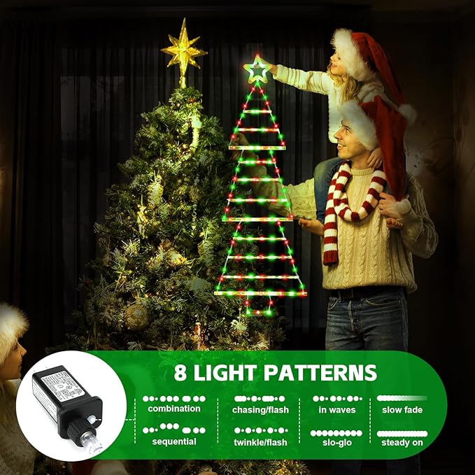 LED Christmas Lights Outdoor,4.6ft 189 LED Christmas Tree Ladder Light with Star Topper 8 Modes Christmas Decorations Lights for Indoor Outdoor, Window, Garden, Home, Wall, Xmas Tree Decor-Red &Green