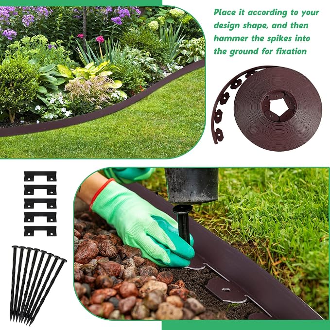 Queekay 148FT 2 Inch Tall Landscape Edging Kit with 70 Spikes 20 Connectors Plastic Garden Landscape Edge Border Flexible Landscaping Edging for Lawn Garden Yard Flower Bed(Brown,2 Inch)