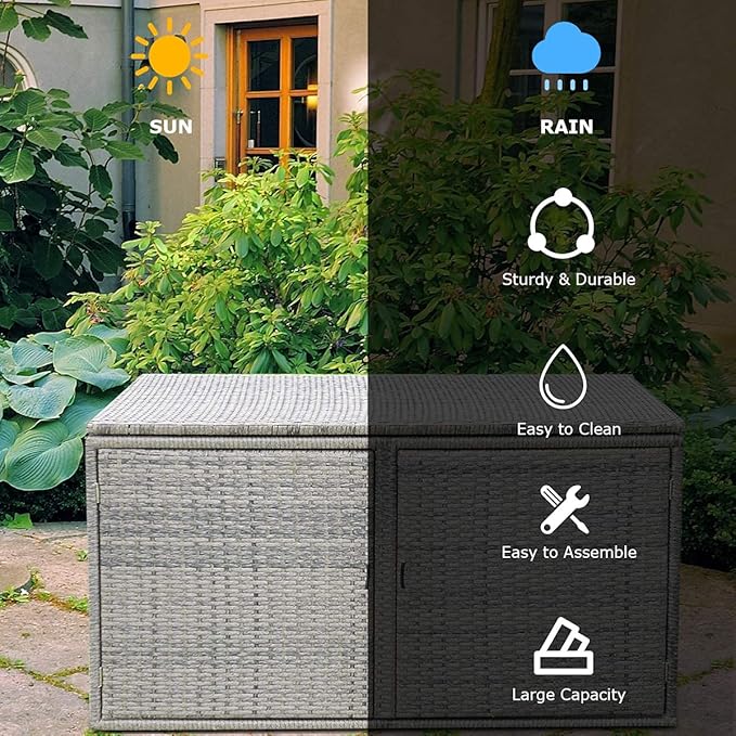 Rattan Storage Box w/2 Shelves, Wicker Storage Bench w/Lid & 2 Openable Doors, Rattan Cabinet Furniture Deck Box, Toys & Tools Cabinets for for Patio, Garden, Balcony, Porch, Yard (Color Gray)