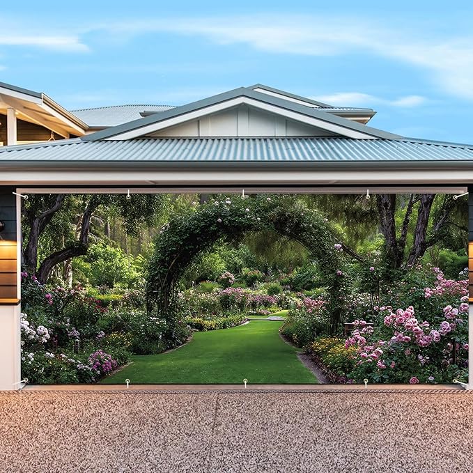 7 * 16FT Summer Garage Door Cover Decorations Sunset Palm Trees Garage Door Banner for Outdoor Indoor Summer Party Photography Backdrop (Green leaf arch, 7 * 16 ft)