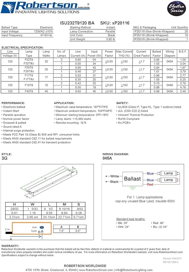 Robertson ISU232T8120 (3P20116) Electronic Fluorescent Ballast, for 1 or 2 T8 Fluorescent Lamps Between 17W-32W (F17T8 Through F32T8) or 1 F40T8 Lamp, Instant Start, 120V (Qty 1)