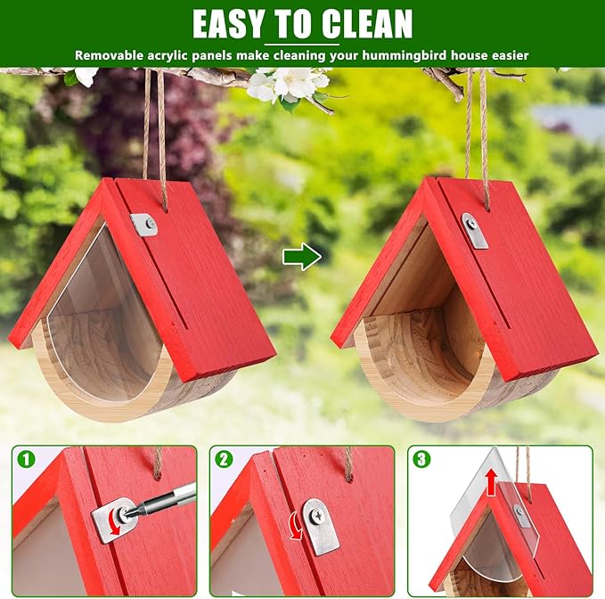 2 Pack Hummingbird Houses with Feeder, Wooden Hanging Bird House Outside, Window Birdhouse for Viewing Inside with Hemp Ropes for Bluebird Finch Chickadee Nesting