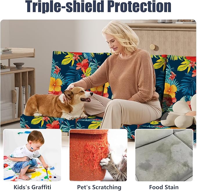 8Pcs Patio Cushion Covers, Stretch Couch & Sofa Replacement Slipcovers for Patio Furniture Cushion Covers, Washable Reusable Furniture Protector, Square Large, Big Flower