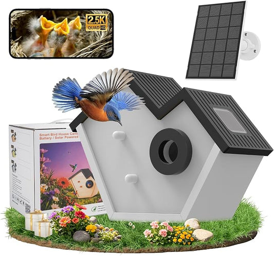 Wooden Bird House with Camera, 2K HD WiFi Smart Bird Feeder with AI Identify Birds Species & LED Light, Instant Alerts with Solar Powered Wireless Outdoor Birdhouse, Gifts for Bird Lovers