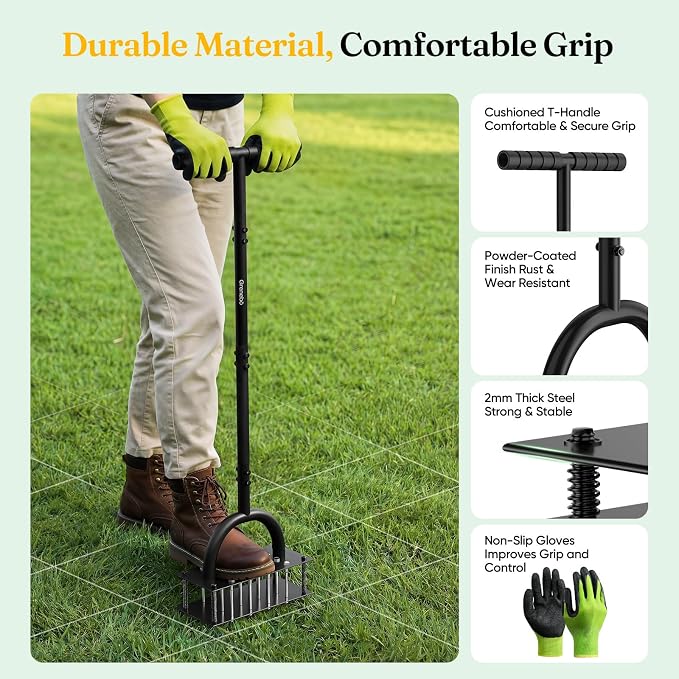 Grenebo Lawn Aerator Manual Aerator Lawn Tool with 16 Spikes, Metal Grass Aerator for Yard, Lawn Aeration, Automatic Soil Ejection, Pre-Assembled Lawn Aerator Tool (Black)