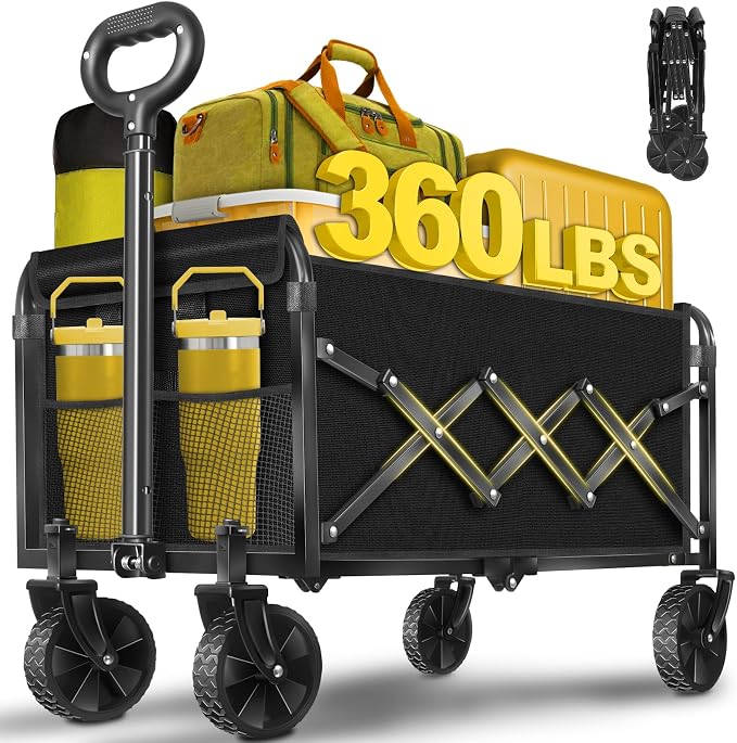 Wagons Cart Foldable, 360LBS Collapsible Wagon Cart with Wheels, Portable All Terrain Folding Utility Grocery Wagon for Shopping Camping Groceries Outdoor Sports, Heavy Duty, Rolling