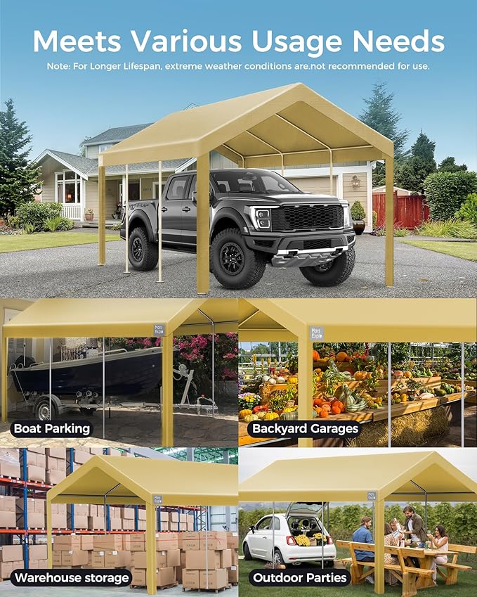 Heavy Duty 10x20FT Carport Replacement Canopy Cover, Durable Waterproof Garage Shelter Top, Car Tent for Outdoor Use, with Ball Bungees for Secure (Khaki, Cover ONLY)