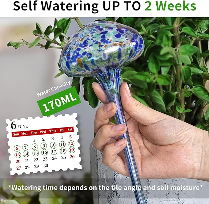 Plant Watering Globes 8"L x 3.5"D, 4Pcs Large Self Watering Planter Insert Glass Plant Watering Devices for Indoor Outdoor Plants, Mushroom Automatic Plant Waterer Watering Spikes Bulbs+Funnel &Shovel
