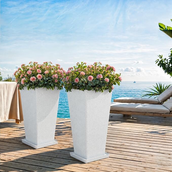 28" Tall Planters for Indoor Outdoor Plants, Set of 2 Large Tapered Flower Pots, Modern Plant Containers for Patio, Garden, Porch, Balcony or Home Decor, White Terrazzo, Durable & UV-Resistant
