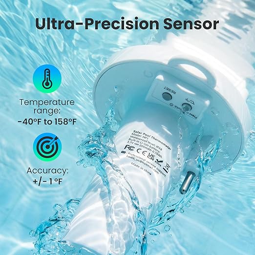 Solar Pool Thermometer Floating, Digital Swimming Pool Thermometer, IPX8 Waterproof with Double Sided Display for Pond, Hot Tub, Aquarium (White)