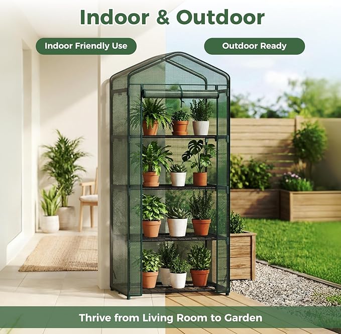 NEWBULIG Mini Greenhouse with Durable PE Cover Roll-up Zipper Door 4 Tier, 27"×19"×63" Small Greenhouse for Outdoors Indoor Balcony, Porch, Garden, Patio, Backyard Green Houses, Green