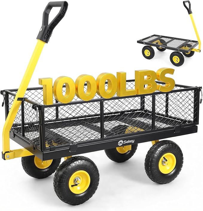 Sekey 1000lbs Heavy Duty Steel Garden Cart for Yard & Farm, Utility Wagon with Removable Sides (Convert to Flatbed), 10" Rubber Tires, Black