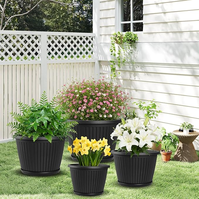 Fodetyff 10-inch-Plastic-Plant-Pots-with-Saucer, Flower Pots Containers for Indoor Outdoor Plants, Large Resin Planter with Drainage Holes and Saucers for Snake Plant Monstera