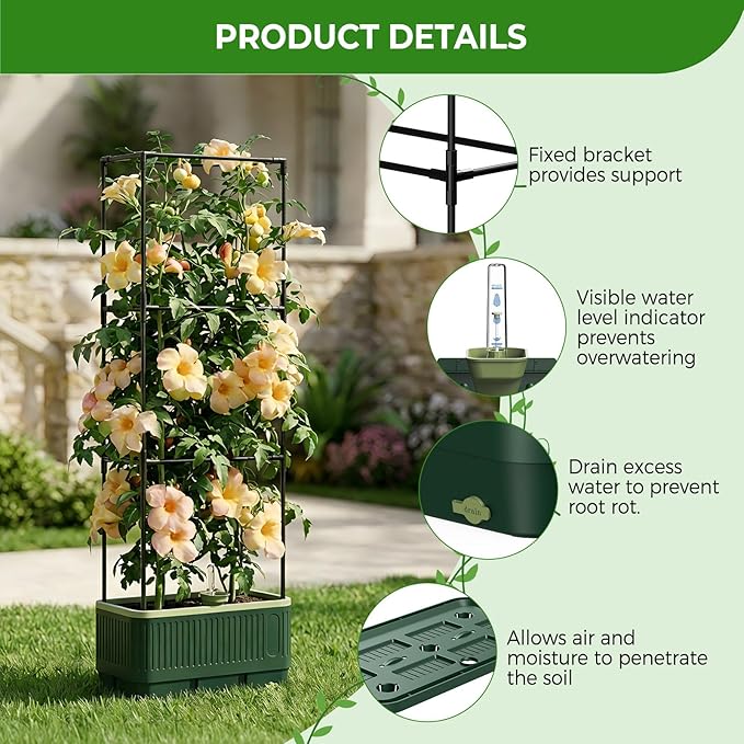 2Pack Raised Garden Bed Tomato Planter with Trellis, Self Watering Tomato Planter with Water Level Indicator, Larger Rectangular Tomato Cages for Indoor & Outdoor Climbing Vegetable and Plants (2)
