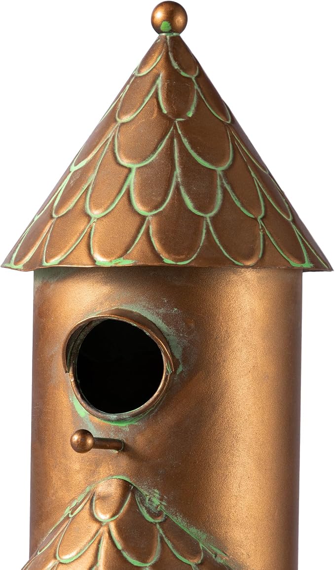 Glitzhome Birdhouses for Outdoors, Bird Houses for Outside, 53" H Farmhouse Faux Copper 2-Tiered Distressed Metal Bird House Decorative Garden Birdhouse with Stake