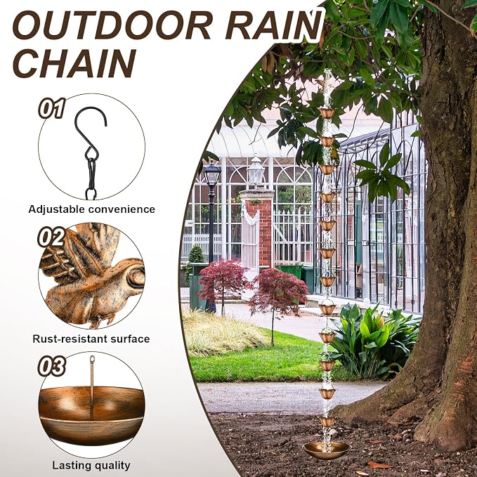 MorningRo Brass 8.5ft Rain Chains for Gutters Outside with Anchor Basin 12 Cups Rain Chain Catcher Downspout Replacement Adjustable Metal Garden Rainwater Divert for Eaves Drainage (Hummingbird)