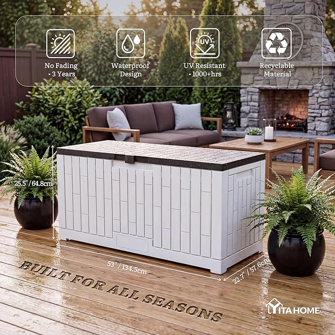 YITAHOME Large Deck Box 120 Gallon Resin Outdoor Storage Box w/Slide-Locking Black Lid, Patio Storage Bin for Outdoor Pillows, Garden Tools and Pool Supplies, Waterproof, Lockable, Grayish-White