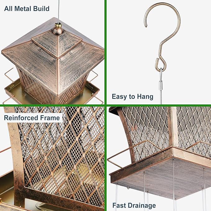 MYITYARD Bird Feeder for Outdoors Hanging, 4 lbs Large Capacity Metal Wild Bird Feeders - Vintage Bronze Finish Rust-Resistant Birdfeeder for Garden Yard Balcony Decor, Easy Fill, Thickened