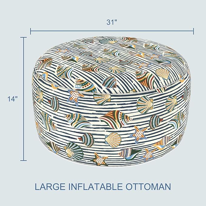 LVTXIII Indoor/Outdoor Large Inflatable Ottoman Pouf D31 x H14 Inch, Round Footstool with Handle, Weather-Resistant Portable Furniture for Patio, Camping, Beach, Cabana Shells